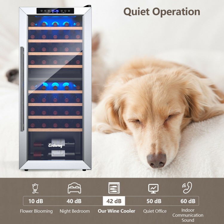 43-bottle wine cooler with dual zone temperature control, stainless steel door, and blue LED lights for wine.