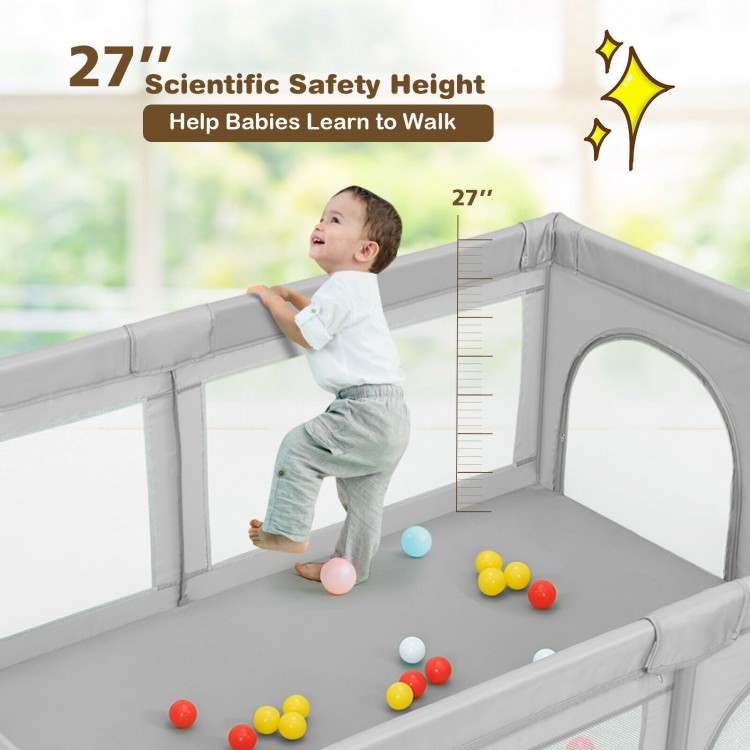 Extra-large gray safety baby fence with 27'' height, featuring 50 ocean balls for fun and secure playtime.