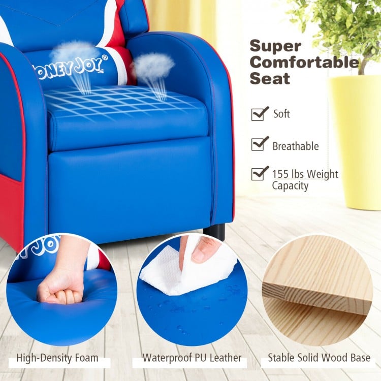 Kids leather recliner chair in blue with adjustable footrest and breathable PU leather, perfect for comfort and play.