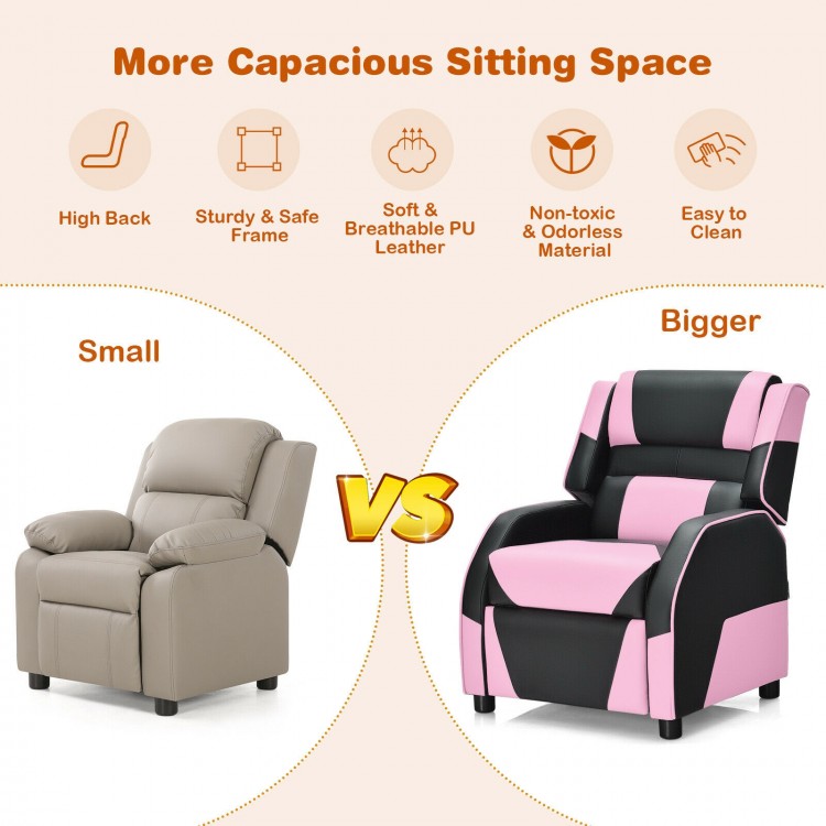 Kids youth PU leather gaming sofa recliner in pink, featuring a high back and sturdy frame, perfect for gaming or.