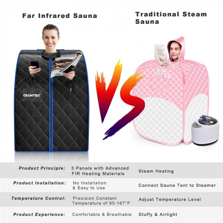 Portable personal far infrared sauna in black showcasing the foldable chair and foot massage roller for enhanced.