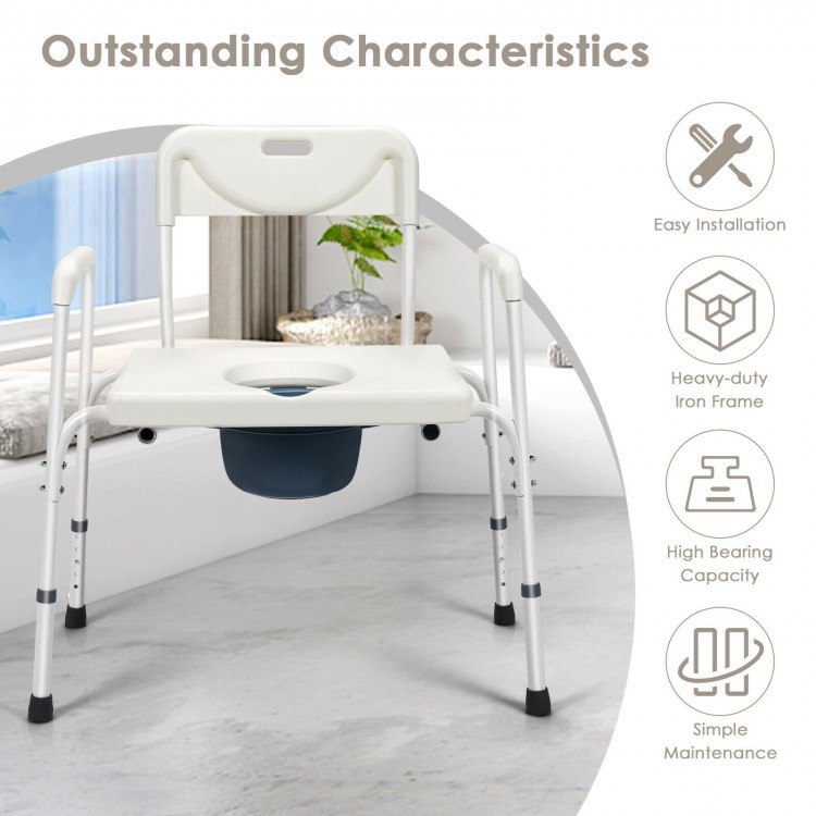 Portable 3-in-1 bedside commode chair with adjustable height, sturdy iron frame, and removable bucket for easy cleaning.