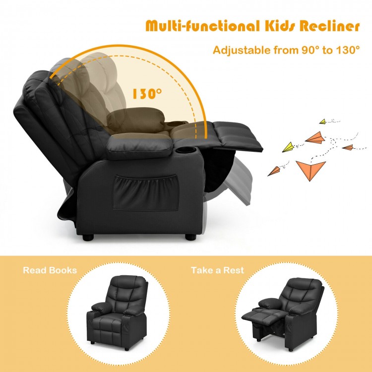 Kids recliner chair in black with adjustable backrest, cup holders, and footrest, ideal for home theater or reading.