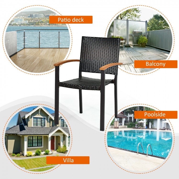 Outdoor patio wicker dining chair with ergonomic armrest, made of PE rattan and powder-coated steel, perfect for.