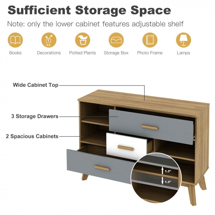 Free-standing storage cabinet with 2 doors and 3 drawers, featuring a wide top and adjustable shelf for versatile.