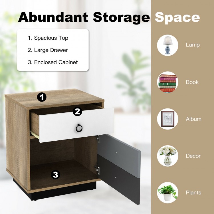 Wooden nightstand with drawer and storage cabinet, featuring a spacious top and industrial design for bedroom or living.