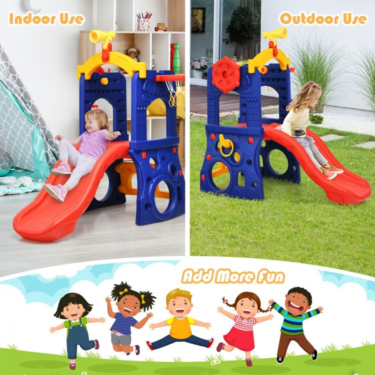 Freestanding 6-in-1 kids slide with basketball hoop, designed for indoor and outdoor use, made of non-toxic HDPE.