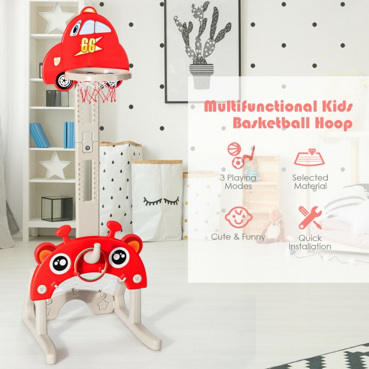 Car-shaped 3-in-1 basketball hoop for kids in red, featuring adjustable height and multiple games for fun and exercise.