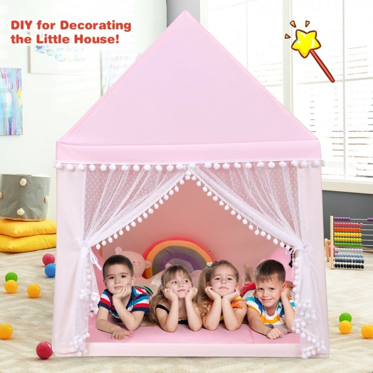 Kids play tent in pink with mesh curtains and thick mat, perfect for indoor and outdoor playtime adventures.