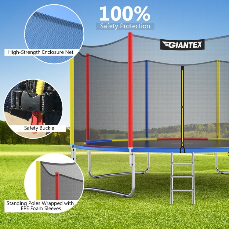 14 feet trampoline with safety enclosure net, EPE foam sleeves, and ladder, perfect for outdoor fun for kids and adults.