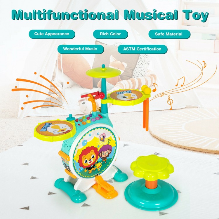 Electric kids drum set with microphone, stool, and cymbal in vibrant colors for creative play and musical fun.