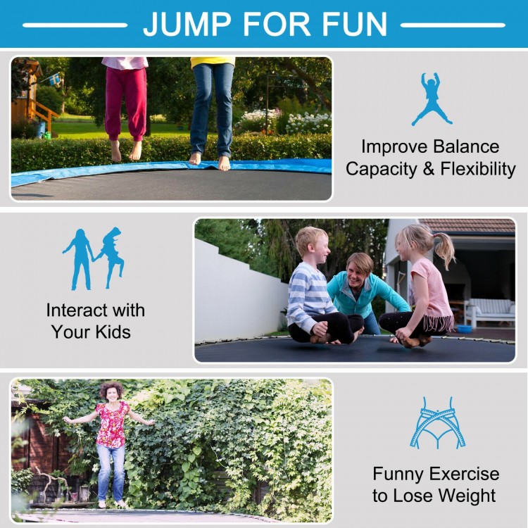 8-foot outdoor trampoline with safety net, sturdy galvanized steel frame, and enhanced springs for safe jumping fun.