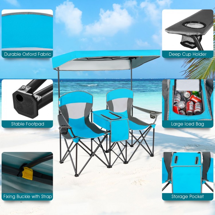 Double portable folding camping chairs with blue oxford fabric, cup holders, and detachable canopy for outdoor.