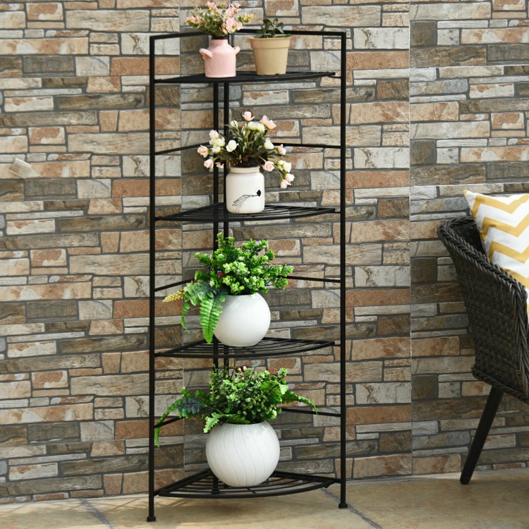 4-tier folding metal shelf plant stand with heavy-duty steel frame, perfect for corner display in gardens or patios.