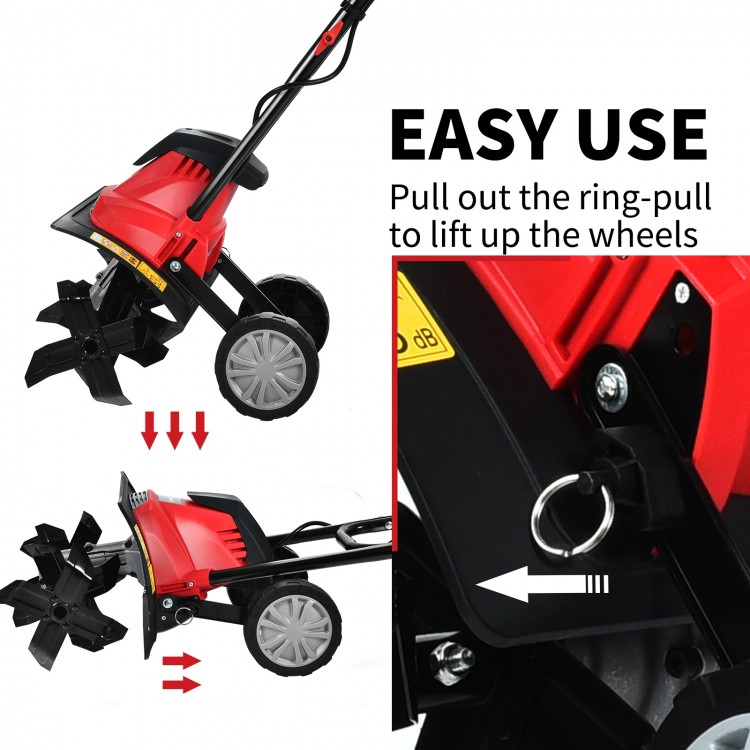 14-inch electric tiller with 10-amp motor, featuring easy-use design and safety switches for small to medium gardens.