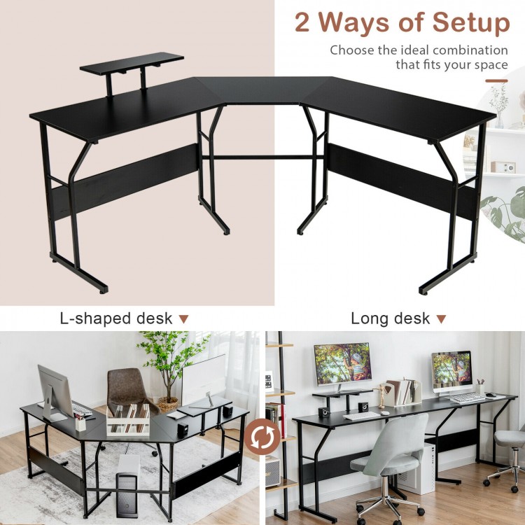 L-shaped black computer desk with monitor stand, versatile setup for corner or long desk use, ideal for home office.