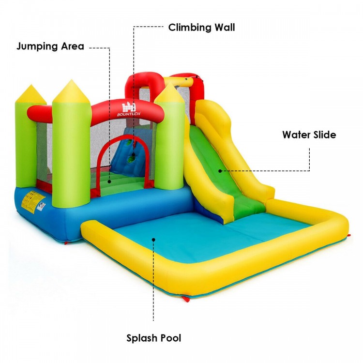 Inflatable bounce house water slide with climbing wall, splash pool, and jumping area for outdoor fun and exercise.
