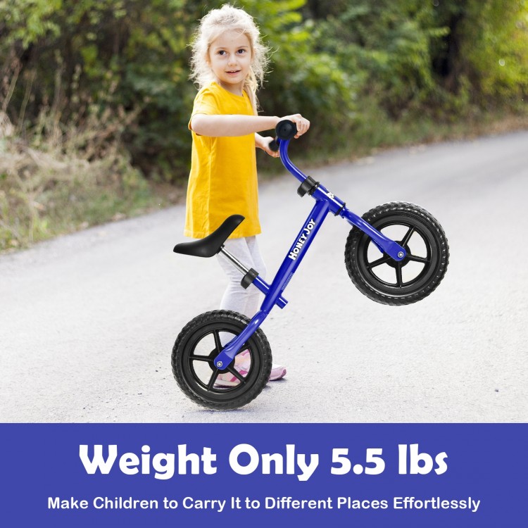 Kids balance bike in blue, lightweight at 5.5 lbs, with adjustable seat and handlebar for easy portability and safe.