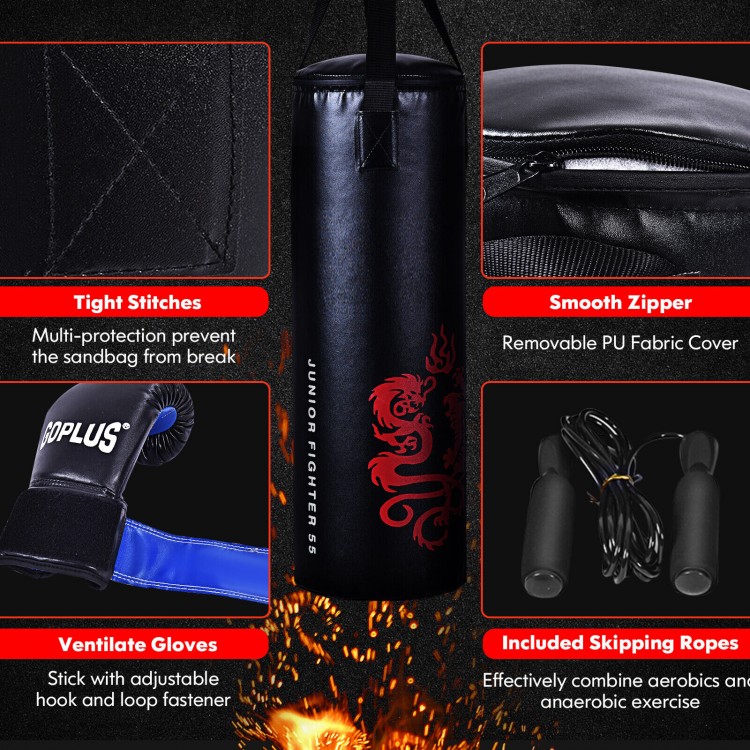 Filled punching boxing set with sturdy PU sandbag, ventilate gloves, and jump rope for kids over 5 years old.