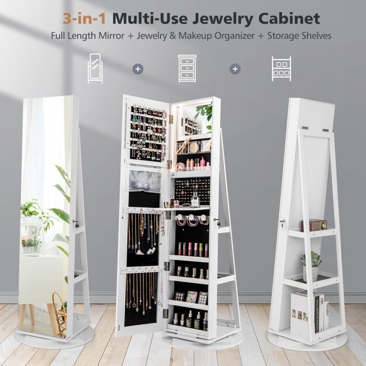 360° rotating white jewelry cabinet with full-length mirror, LED lighting, and organized storage for makeup and.