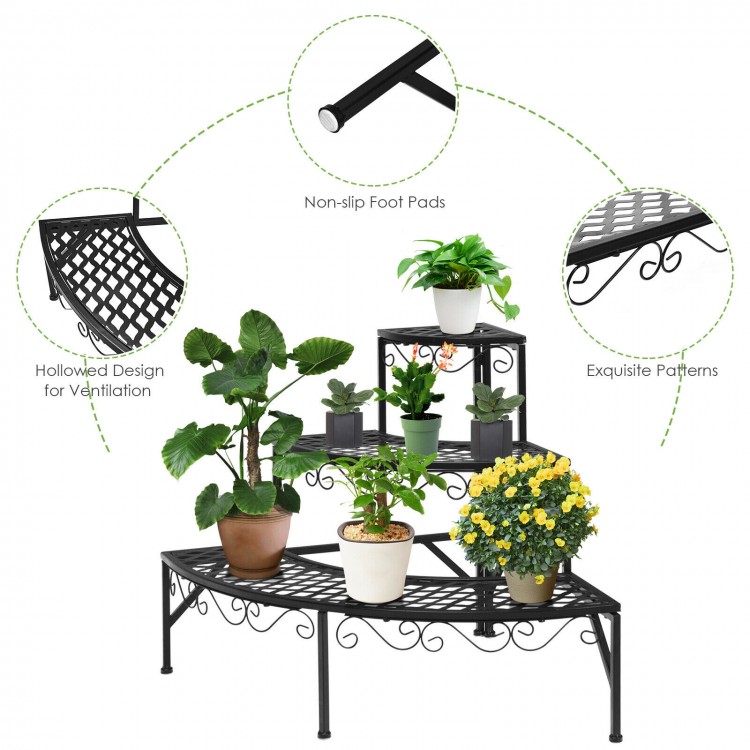 Three-tier metal corner plant display rack with non-slip foot pads, featuring spacious partitions for flower pots.