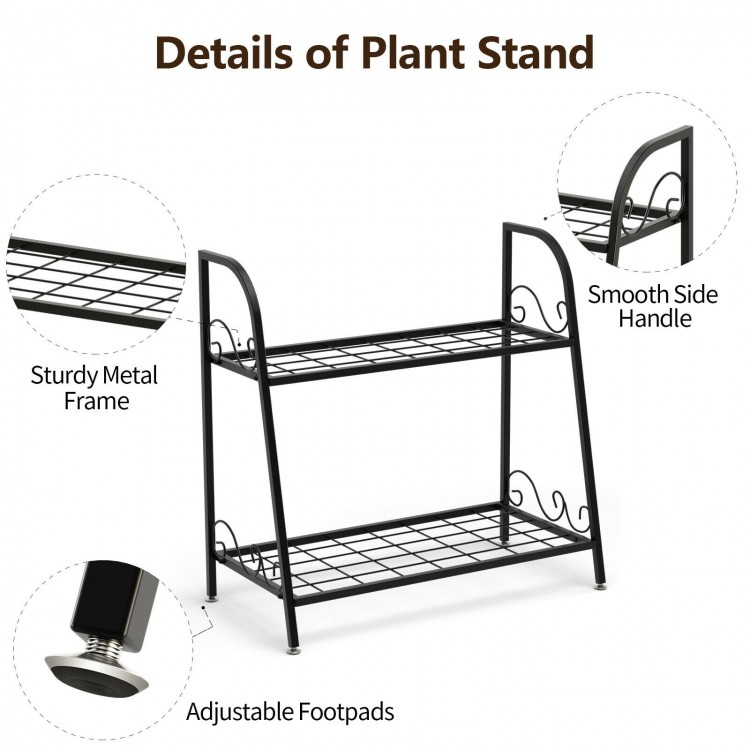 2-tier patio metal plant stand with sturdy frame, adjustable footpads, and smooth side handles for easy mobility.