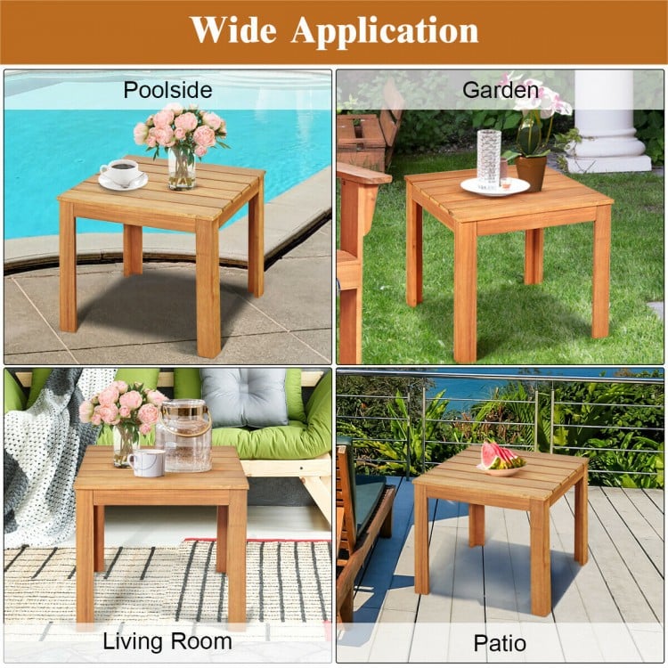 Wooden square patio coffee bistro table made of acacia wood, suitable for garden, poolside, or living room use.