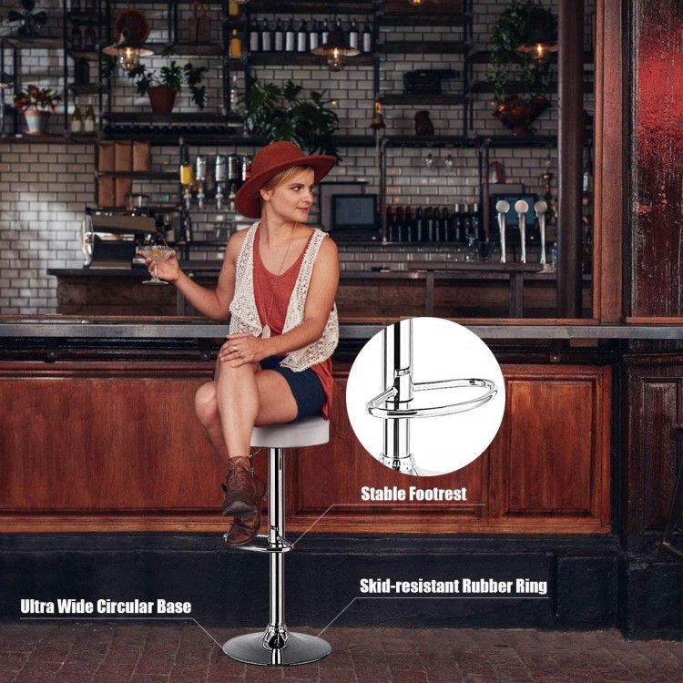Adjustable white PU leather swivel barstool with chrome footrest, perfect for kitchen or bar seating.