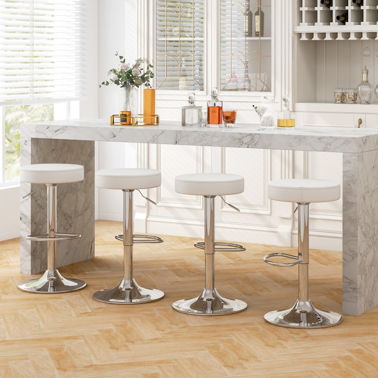 Single adjustable white PU leather swivel barstool with chrome footrest, ideal for modern kitchen or bar settings.