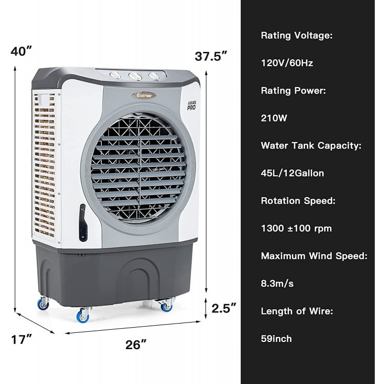4-in-1 industrial evaporative air cooler in gray with 12-gallon tank, wheels, and 3450 cfm airflow for efficient.