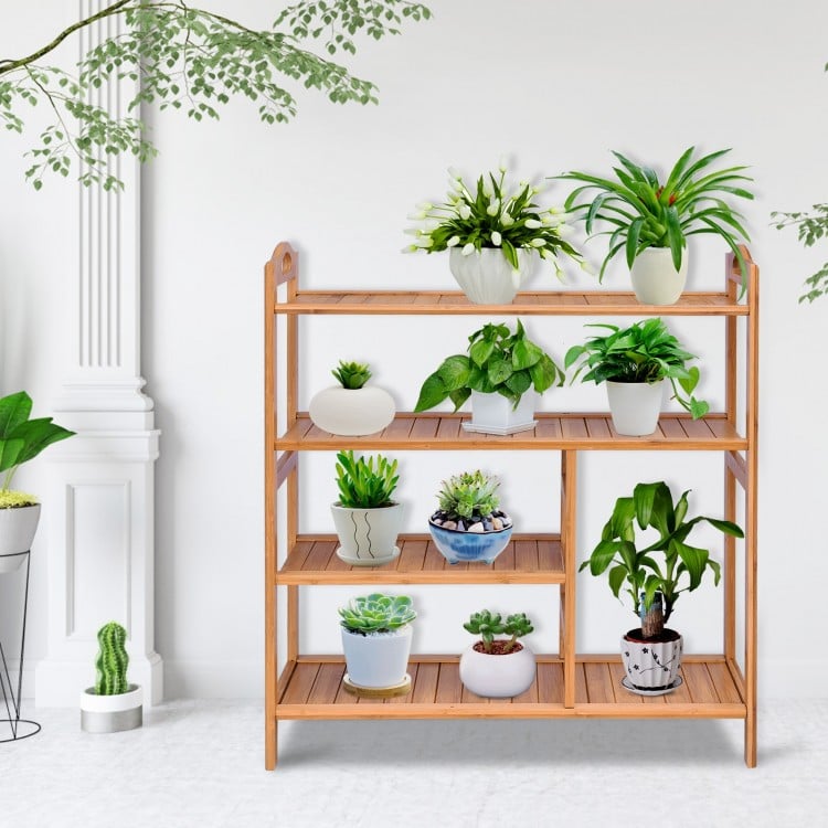 Four-tier bamboo storage shoe rack showcasing plants, ideal for entryway or hallway organization and decor.