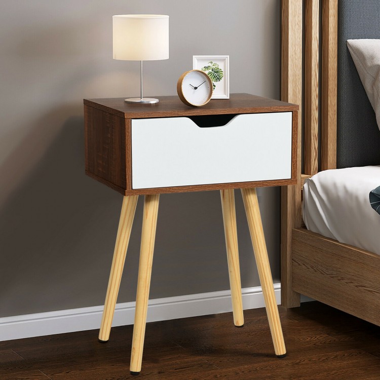 End side storage drawer nightstand with solid wooden legs, featuring a smooth sliding drawer, perfect for bedroom decor.