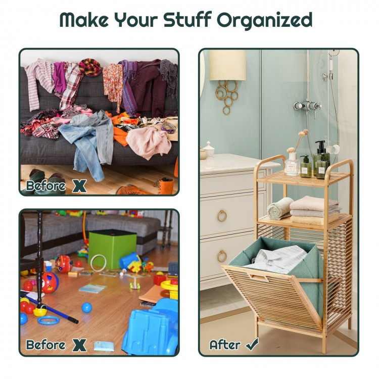 Tilt-out bamboo laundry hamper with removable liner and 2-tier shelf, ideal for organized storage in bedrooms or.