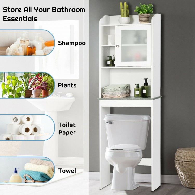 White over-the-toilet cabinet with adjustable shelves and modern design, perfect for maximizing bathroom storage.
