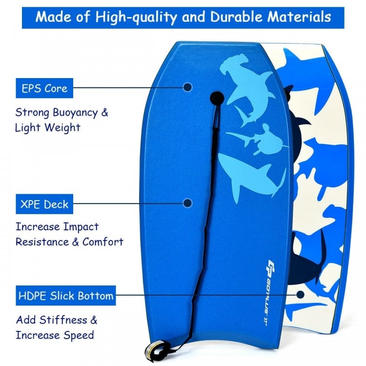 Blue bodyboard with EPS core, XPE deck, and HDPE slick bottom, designed for strong buoyancy and comfort in water sports.