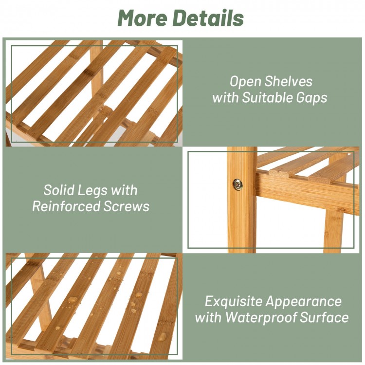 Bamboo shelf with open shelves and reinforced screws, ideal for displaying plants and ornaments in any room.