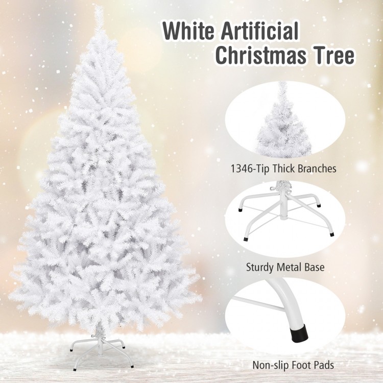 White 6 ft artificial Christmas tree with 1346 thick branches and sturdy metal stand, perfect for festive decoration.