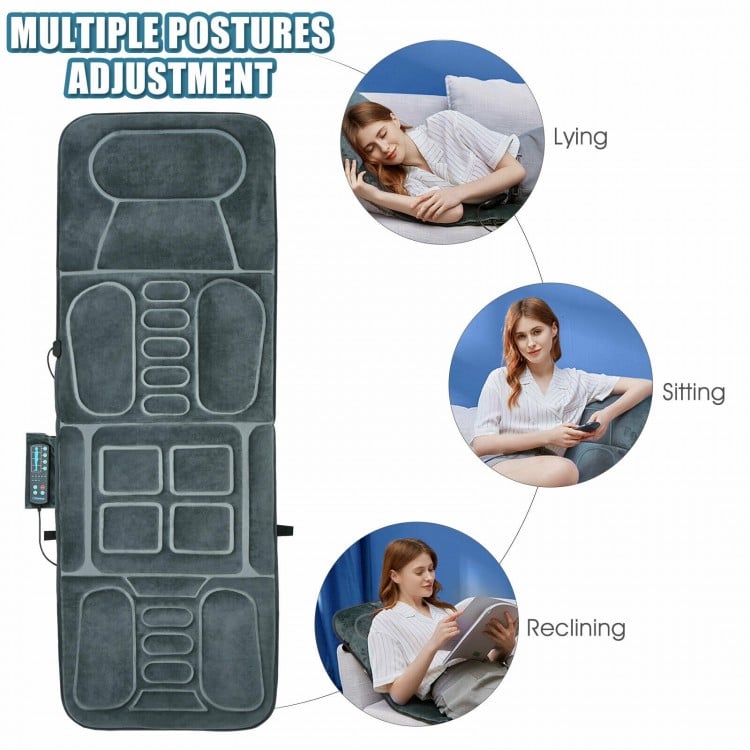 Foldable massage mat with plush surface, 10 vibration motors, and heat therapy for versatile use on chair or bed.