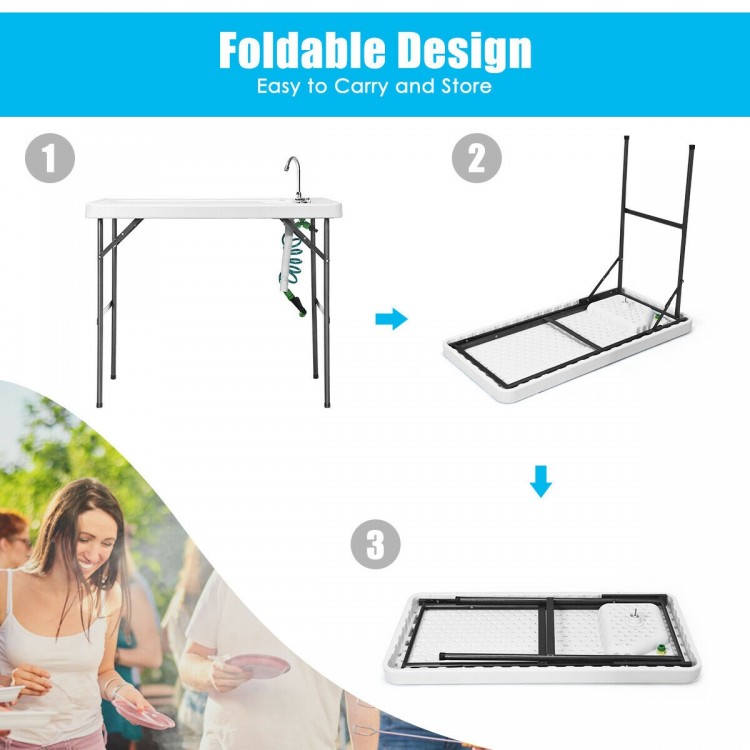 Folding cleaning sink table with sprayer, portable design for outdoor use, easy to store and set up.