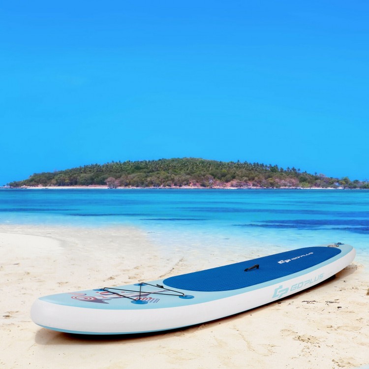 10-foot inflatable stand up paddle board with non-slip EVA deck, designed for stability and easy transport on the beach.