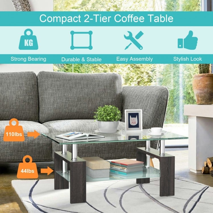 Rectangular tempered glass coffee table with a bottom shelf, featuring a modern design and sturdy powder-coated steel.