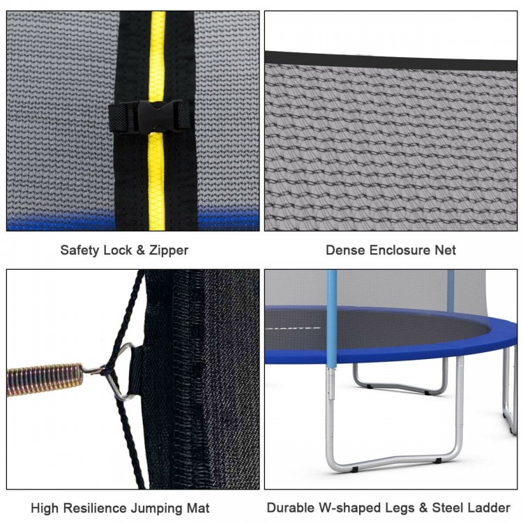 Close-up of the safety lock and zipper on the 15 feet outdoor trampoline with safety enclosure net for secure use.