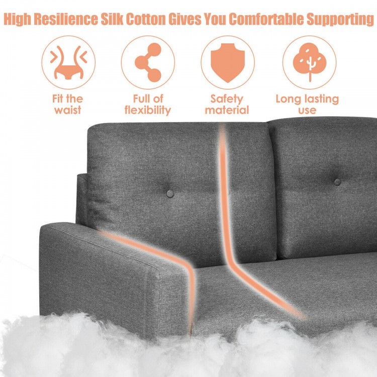 Gray modern loveseat sofa with cloth cushion, featuring solid rubber wood legs for stability and comfort in any living.
