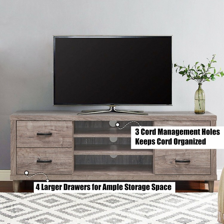 Retro wooden TV stand featuring 3 open shelves, 4 large drawers, and cable management holes for organized storage.