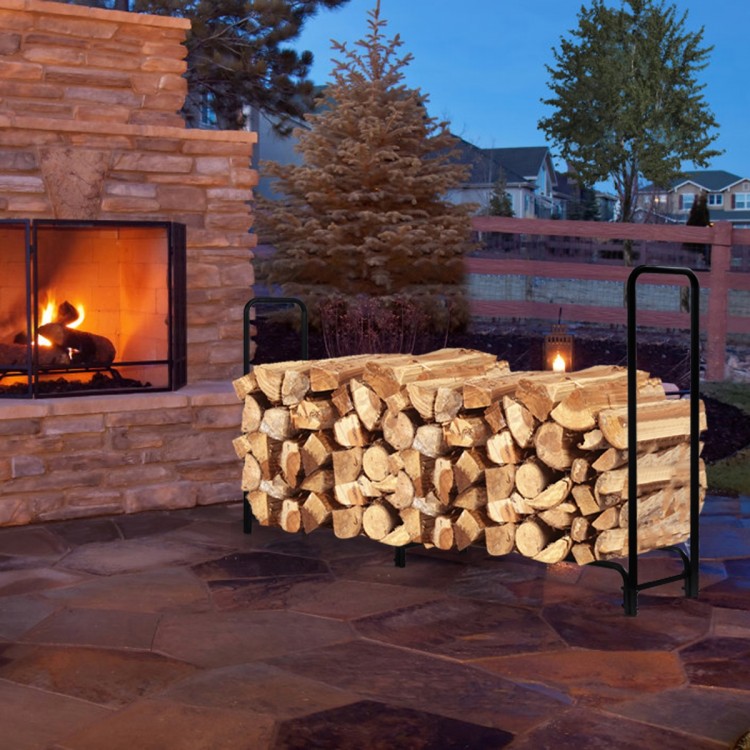 8-foot outdoor steel firewood log rack with sturdy frame, rustproof finish, and ample storage for organized lumber.