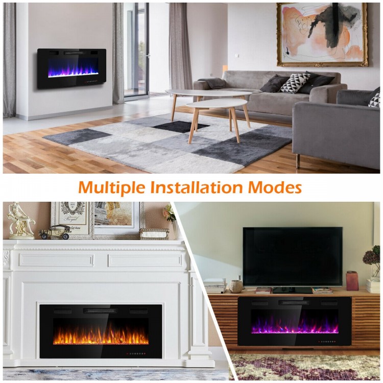 42-inch recessed electric fireplace with 12 flame colors, remote control, and multiple installation modes for versatile.