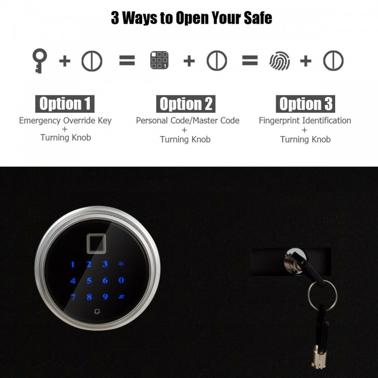 2-layer security safe deposit box with LED light, made of durable steel, featuring fingerprint and keypad access.