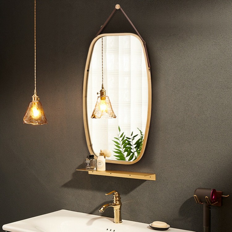 30-inch modern rectangle wall-mounted mirror with bamboo frame and adjustable leather strap, perfect for any home decor.