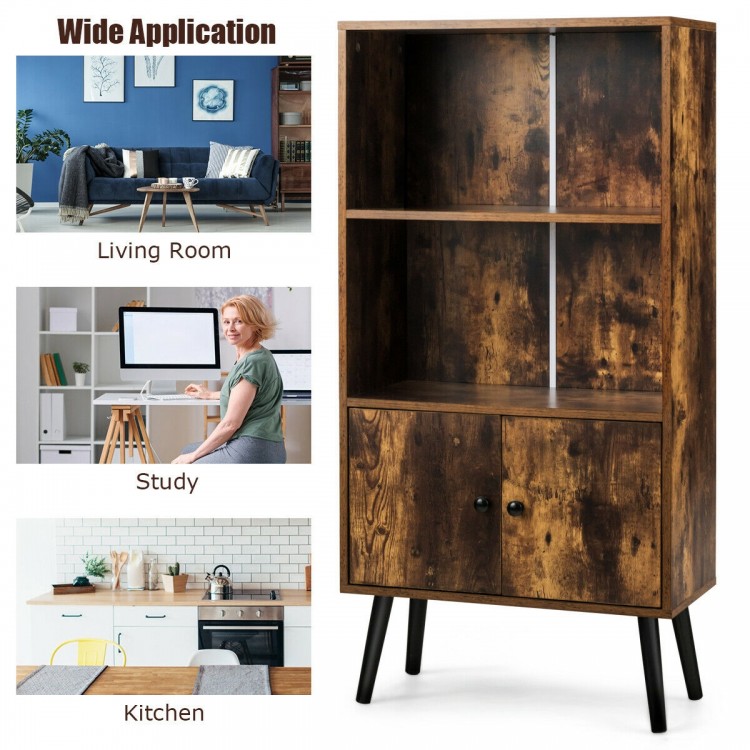 2-tier retro bookcase with 2 open shelves and 1 concealed compartment, ideal for living room, study, or kitchen storage.