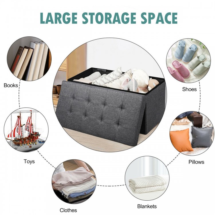 Foldable dark gray storage ottoman with large interior space for blankets, clothes, and shoes, ideal for living rooms.